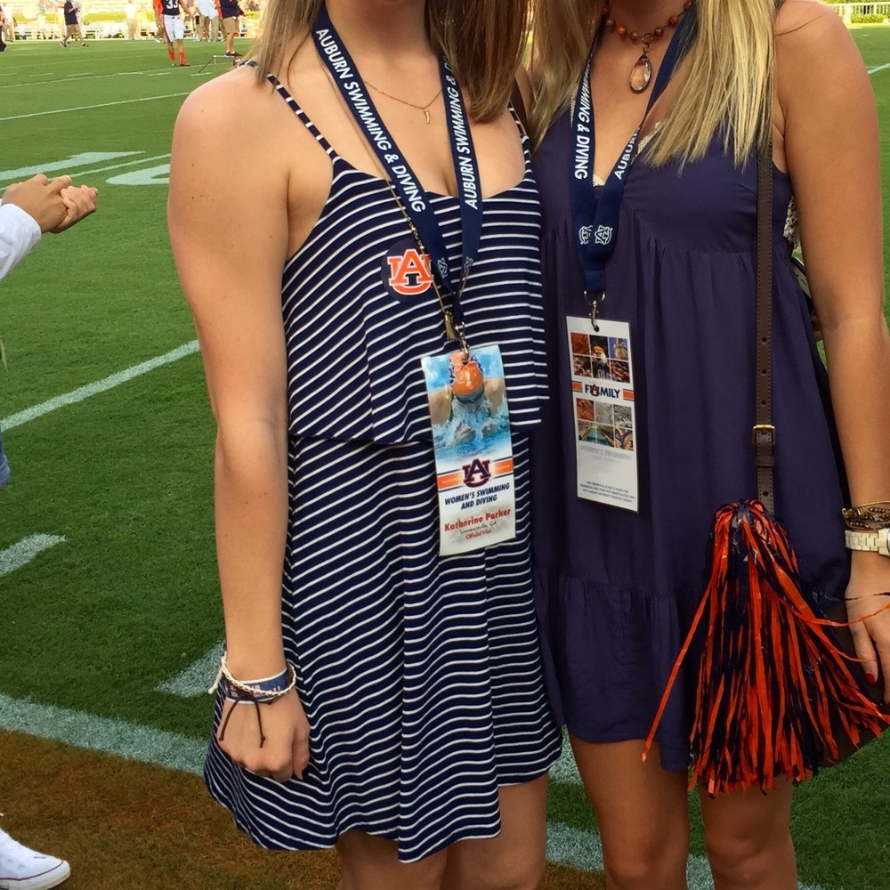 Navy blue and white striped summer dress